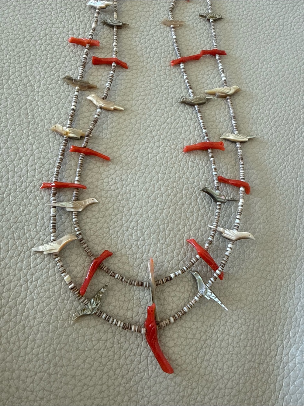 Zuni Coral and Mother of Pearl Bird Fetish Necklace